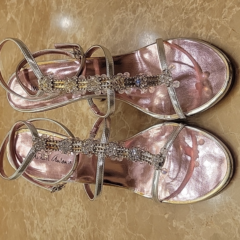 Michael Antonio Bedazzled Ankle Strap Silver Heeled Sandals, Sz 8
